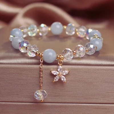 Light Blue Crystal Beads Bracelet for Women Fashion Handmade Flower Beaded Zircon Bracelets for Daily Gift