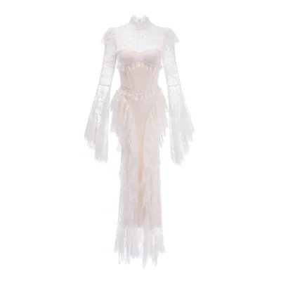 Tassel Lace Bodycon Long Dress 2026 Autumn Party Evening Women Hollow Out Backless White Black Lace Wedding Party Dress XXL