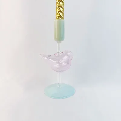 Handblown Pastel Bird Glass Candle Holder | Pink-Light Blue Dual-Tone | Animal Figurine Decor | Home Wedding Party Ornament