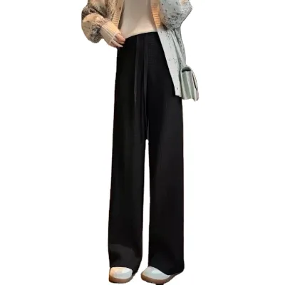 Office Lady Elastic High Waist Loose Legs Waffle Knit Pants