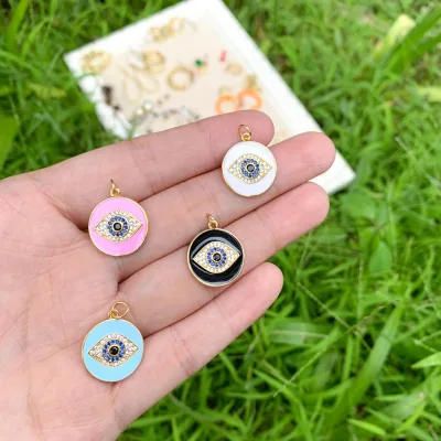 Enameled Plated Black White pink Baby Blue Color Necklace Pendants Round Shape Eye Design Charms