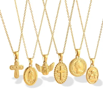 New Stainless Steel Angel Virgin Mary Pendant Necklace Simple Cross Women's Link Chain Necklace