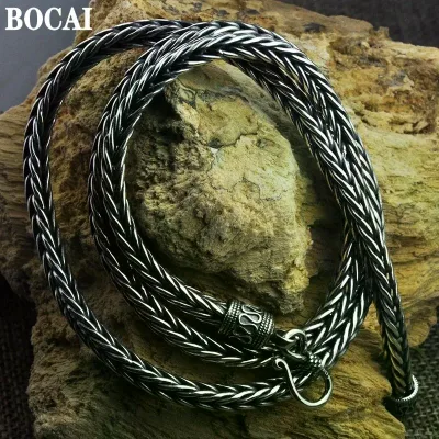 BOCAI Men's Retro Trendy Punk Necklace New 925 Sterling Silver Hand-Woven Keel Hemp Rope Thick and Long Vintage Style