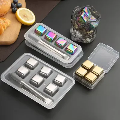 Food Grade Custom logo bar Tools Cooling Wine Ice Cube Stainless Steel Gold Silver Square Metal Whiskey Stones