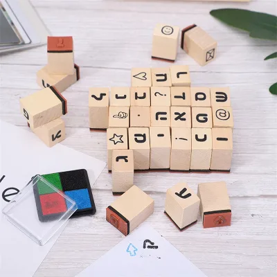 Hot Sale 32PCS Wooden Hebrew Alphabet Stamp Set Custom Letter Cartoon Rubber Stamp Kit with 4 Color Ink Pad for Kids DIY Crafts
