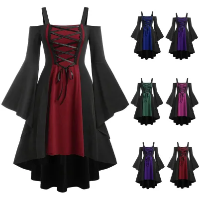 Vintage Medieval Robe Cosplay Costume Goth Dresses for Women Lace Flare Sleeve Cross Corn Cold Shoulder Lace up Sling Dress
