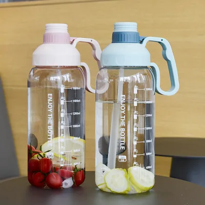 HECION Large-Capacity Plastic Cup with Graduations and Straw Portable Transparent Water Bottle for Outdoor Activities