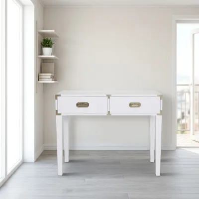 Modern White Wooden Console Table 2 Drawers Storage Cabinet Gold Metal Trim Entryway Hallway Desk for Home Bedroom