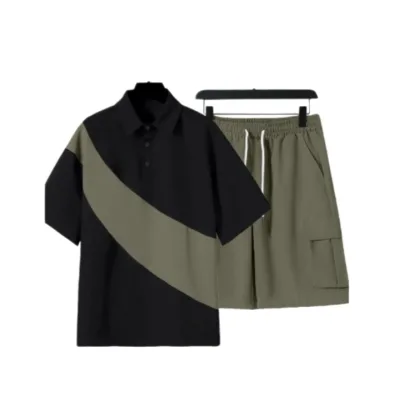 Custom Wholes Spring/Summer Streetwear Color-Block Men's Collared Short Sleeve Shirt and Shorts Set Loose-Fit Tracksuit