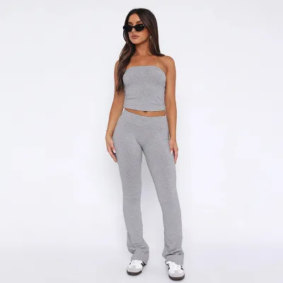 2024 Women's Clothing Stretch Casual 2 Piece Pants Set Solid Color Crop Top+flare Leggings Set Workout Sets for Women