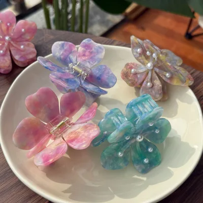 New Acetate Five-Petal Pearl Flower Hair Claws Colorful Smudged Fresh Sweet High Ponytail Cute Exquisite Daily European-American
