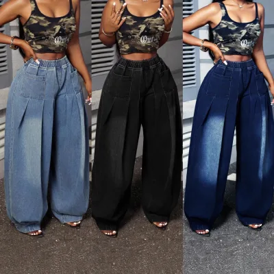 Vintage Washed Blue Wrinkled Wide-Leg Pants Relaxed Slouchy Baggy Lantern Jeans for Women Plus Size Elastic Waist Denim Bottoms