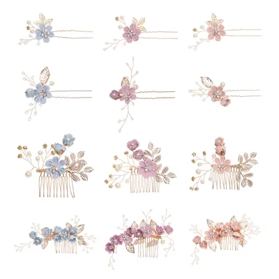 Blue Decorative Flower Bridal Wedding Hair Side Combs+U-shaped Flower Hair Pins+Twist Pearl Hair Pins Pieces Headpieces