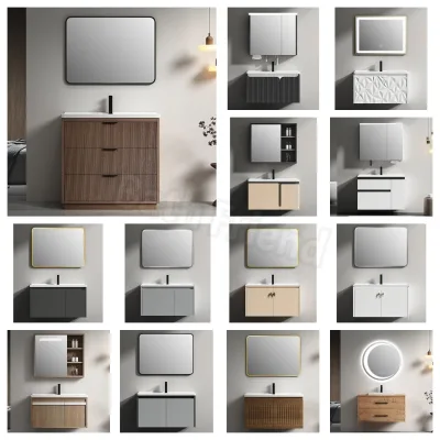 2026 Chaozhou New Brown Fluted Solid Wood Floor Standing Bathroom Vanity 60/70/80cm With Three Storage Drawers Matching Mirror