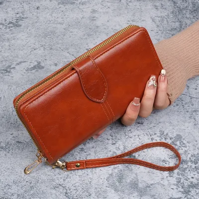 Explosive Cross-border Oil Wax PU Waterproof Zipper Women's European American Retro Card Bag Long Large Capacity Polyester