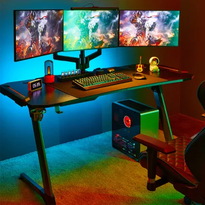 GMD04-2 RGB Lighting Gaming Table Z Shaped Morden Computer PC Desk With Headphone Drink Holder Mouse Pad for Home Gamer Setup