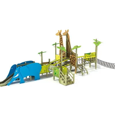 Wooden climbing structures with net tunnels and balance beams for adventure play.
