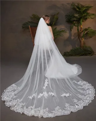 2021 New Double-Layer Sequined Shiny Lace Red Diamond Wedding Dress Bridal Veil with Long Hair Comb