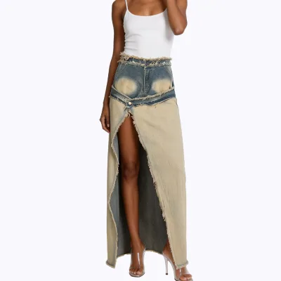 Wasteland Denim Skirt Women Layer Double Waistband High Waist Gradient Maxi Jean Distressed Raw Hem Slit Y2K Grunge Streetwear