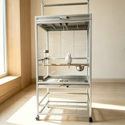 Spacious Vertical Climbing Parrot Cage 2020 Aluminum-Profile Anti-Shock Tempered-Glass for Cockatoo and African Grey Parrot