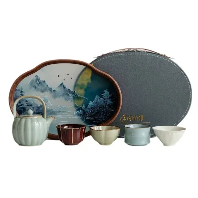 Ceramic Kung Fu Tea Set One Pot Four Cups Dry Brewing Tray Vintage Luxury Gift Box MINGSHUO Brand Fujian China