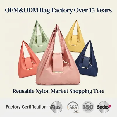 Custom OEM&ODM Portable Foldable Nylon Shopping Tote Wholesale Mini Compact Hanging Grocery Bag Travel Shoulder Handbag