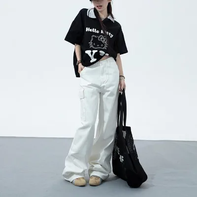 Energetic Mischievous Girl's Early Autumn Outfit Sporty White Work Pants Women's Jeans