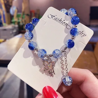 Korean Fantasy Popcorn Cracked Crystal Beads Bracelet Butterfly Charm Gradient Color Girl Women Friendship Bracelet Jewelry Gift