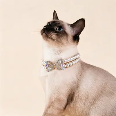 Adjustable Cute Bow Pendant Dog Cat Necklace, Double Layer Pearl Pet Collar Accessory for Holiday Wedding Daily Use