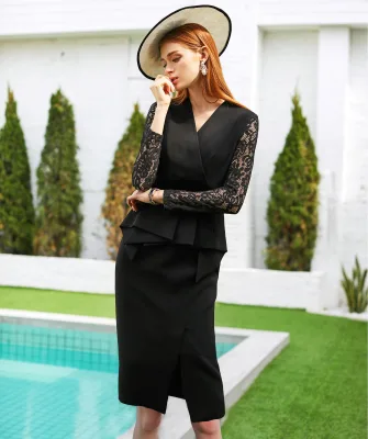 Spring Luxury Lace Sleeve Black Dress for Women ODM OEM Factory Professional Clothing Elegant and Delicate Wear