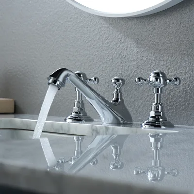 Buterfleoge Vintage Style Polished Chrome 3 Holes Bathroom Basin Faucet Solid Brass Construction with Cross Lever Handles