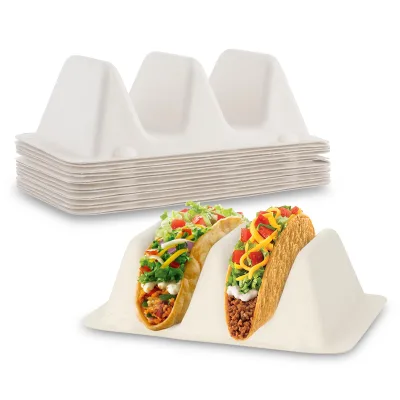 Disposable Taco Holders Pulp Fiber Taco Container 7" x 4.25" x 2" - 2 Compartments Taco Holder