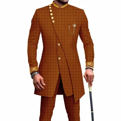 African Men's Slim Suit 2 Piece Set 100%cotton High Quality Embroidery Business Formal Long Suits S-4XL Wedding Jacket Pant