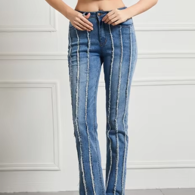 Women's Slim Fit High Waisted Elastic Fringed Patchwork Jeans
