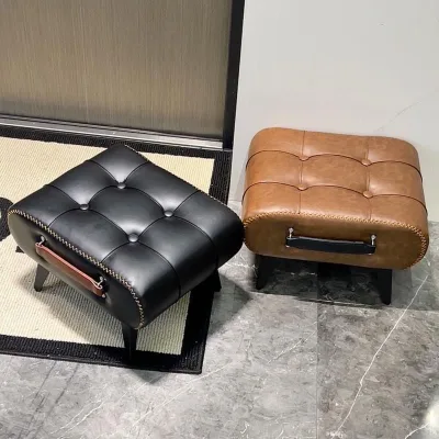 Portable Home Living Room Coffee Table Low Shoe Changing Stool with Oil Wax Leather Soft Bag As Sofa Footrest or Ottomans