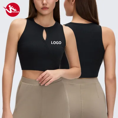 New Arrivals Custom Knitted Modal Spandex Ribbed Crop Front Hollow Out Sleeveless O-Neck Tank Tops Women for Gym Casual Yoga Top
