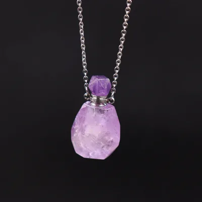 Natural Crystal Stone Amethyst Aroma Essential Oil Diffuser Crystal Tumble Stones Pendant Alloy Rhodium Plated Unisex