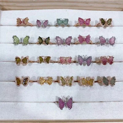 Natural Stone 925 Sliver Tourmaline Crystal Butterfly Shape Crystal Rings Pendants Crystal Necklaces For Women Gifts