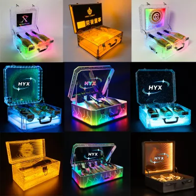 Custom Illuminated RGB Rechargeable Acrylic Portable Bar Set Wine Box for 3 Bottles Luxury Display Case