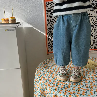 Kids Clothing Soft Jeans 2023 Spring Autumn Boys and Girls Korean Style Solid Color Casual High Waist Baby Pants