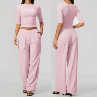 Women Athletic 2 Piece Tracksuit Boat Neck Mid Sleeve Crop Top Elastic Waist Pleated Wide Leg Pants Workout Sets for Women