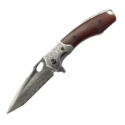 Custom Damascus Blades Die Casting Pattern Pommel & Wood Handle Folding Knife a Fusion of Style and Precision Folding Knife