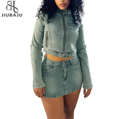 Retro Stitching Denim 2 Piece Set Outfits Women Zip Long Sleeves Crop Top and Mini Skirt Suits
