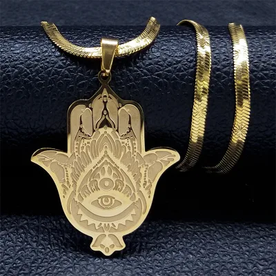 Stainless Steel Fatima Hamsa Hand Egyptian Eye Pendant Necklace Success and Protection Lucky Amulet