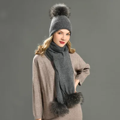 Women's Winter Hat and Scarf Set with Real Raccoon Fur Pom Pom Plain Long Cashmere Knit