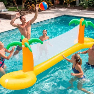 Giant Inflatable Palm Tree Volleyball Net Set w Ball 12 ft Long Eco-friendly PVC Leak-proof Outdoor/Backyard BBQ Pool Water
