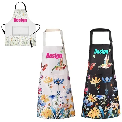 Trendy Custom Design Manufacturing Apron Pockets Adjustable Strap Kitchen Chef BBQ Restaurant Work Apron Full Printing Digital