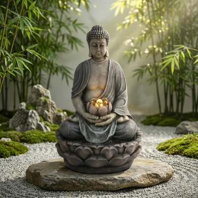 New Vision Luxury Buddha Water Fountain Warm White LED Light Handmade Traditional Indoor Outdoor Gray Stone Finish Garden