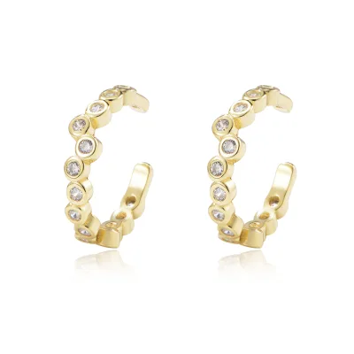 Latest Luxury 14K Gold Plated 925 Sterling Silver C-Shape Cuff Earrings with Zirconia Fine Stone for Parties Trendy Design