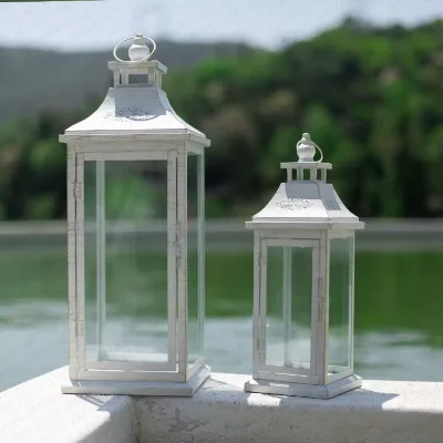Wholesale Vintage White Coated Metal Lantern Set, Iron and Glass Candle Lanterns